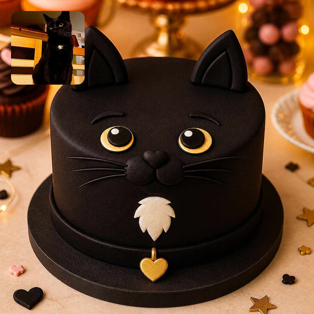A sleek black cat with a tiny white chest patch sits like a serious little landlord, staring into the camera while posing regally on a leafy bedspread. Warm wooden furniture and cozy indoor lighting give the scene a wonderfully dramatic, feline-royalty atmosphere.