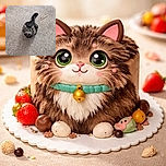 A fluffy tabby cat looks up with curious eyes, sitting on a beige carpet surrounded by a few scattered toys and a pair of cozy slippers peeking at the bottom of the frame.