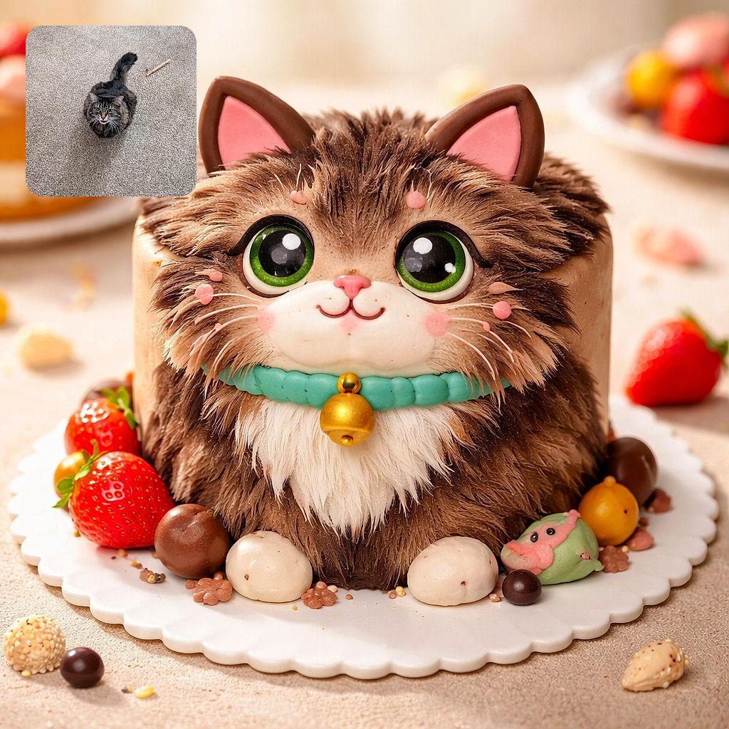 A fluffy tabby cat looks up with curious eyes, sitting on a beige carpet surrounded by a few scattered toys and a pair of cozy slippers peeking at the bottom of the frame.