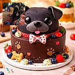 A dignified black dog wearing a heart-spotted tie lounges on a colorful blanket-covered armchair like it owns the place — paws politely stretched forward, a rope toy at the ready, and a pile of jackets and a lamp providing the perfect lived-in background for this canine CEO portrait.