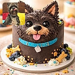 A scruffy little dog sits proudly on a bed, tongue dramatically flopped out like it just told a hilarious secret. Colorful pillows and a wooden headboard frame the scene while the dog’s collar and tag add a touch of seriousness to the otherwise goofy expression.