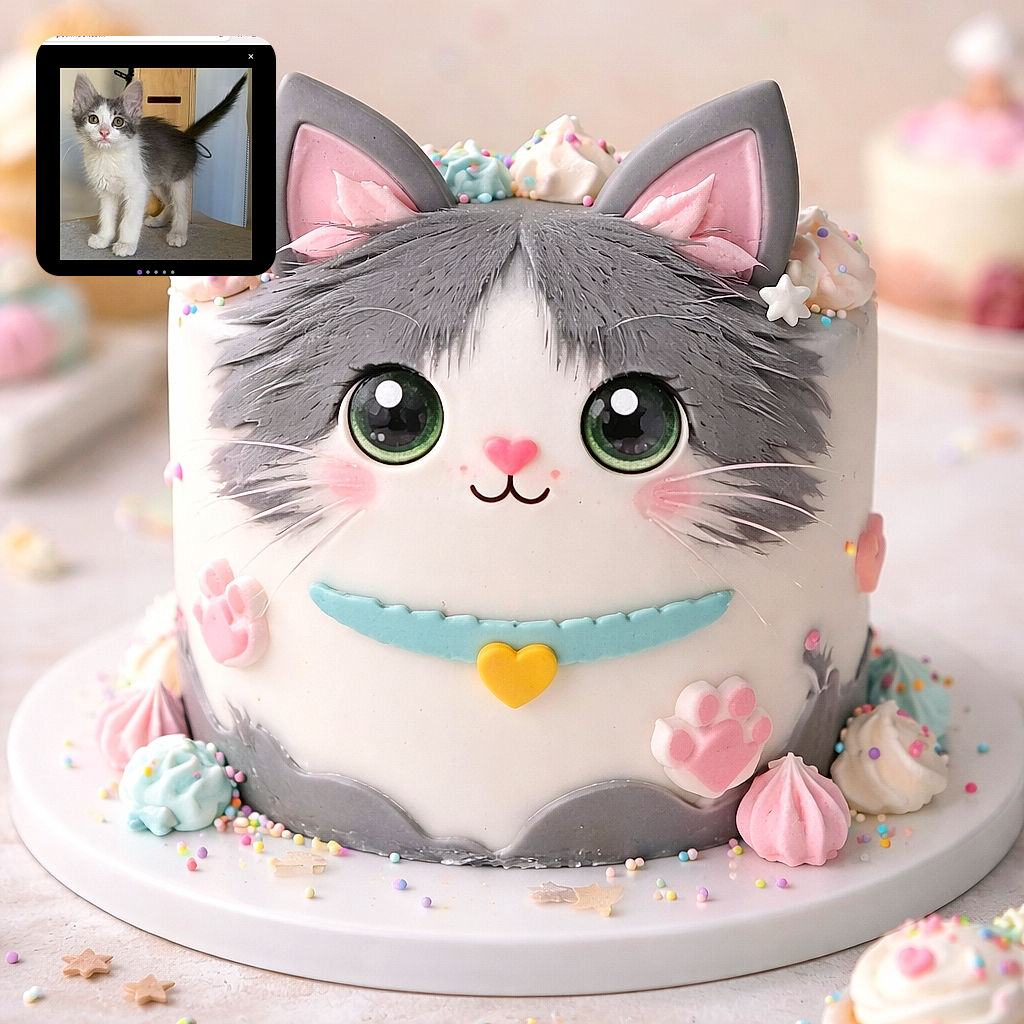 A wide‑eyed gray-and-white kitten stares at the camera like it just discovered paparazzi — ears alert, whiskers splayed, tail straight up in triumphant curiosity while standing on a cat tree in a cozy indoor corner. The scene looks like an adoption headshot caught in a browser window, complete with little navigation dots below and a wooden perch behind the floofy model.