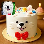 A fluffy white dog with a big happy smile and sparkling eyes, sporting a bright red bow tie, posing cheerfully in front of a colorful green and red background that adds a playful vibe.