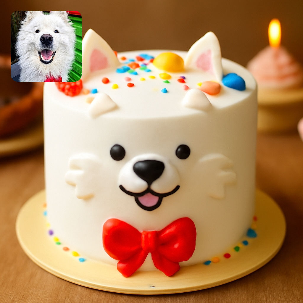 A fluffy white dog with a big happy smile and sparkling eyes, sporting a bright red bow tie, posing cheerfully in front of a colorful green and red background that adds a playful vibe.