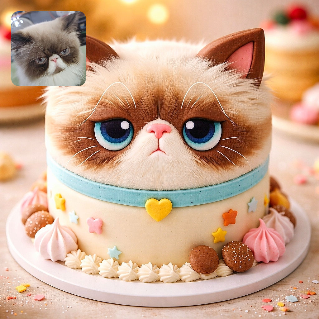 A squishy-faced Persian cat glares into the camera with big blue eyes and a pink button nose — a close-up of fluffy white and brown fur that fills the frame while the room behind melts into a soft, blurry paparazzi haze. It looks like the cat is judging your life choices, silently and majestically.