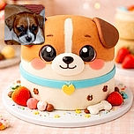 A close-up photo of an adorable puppy with soulful eyes and a cute black and white snout, nestled comfortably among other puppies and soft blankets with a striped red and white background.