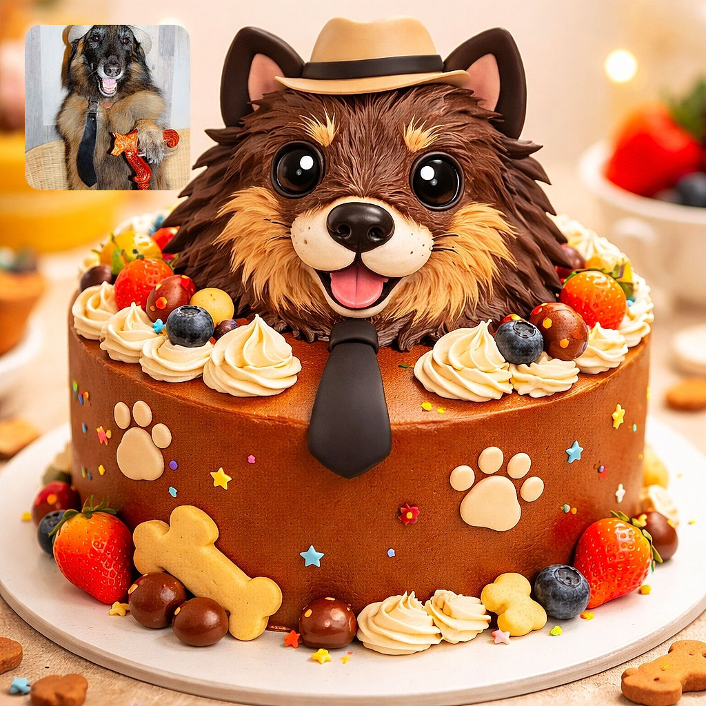 A charming dog dressed in a stylish hat and necktie poses proudly while holding a fancy carved wooden cane shaped like a fox, sitting on a wicker chair with a rustic wooden background.