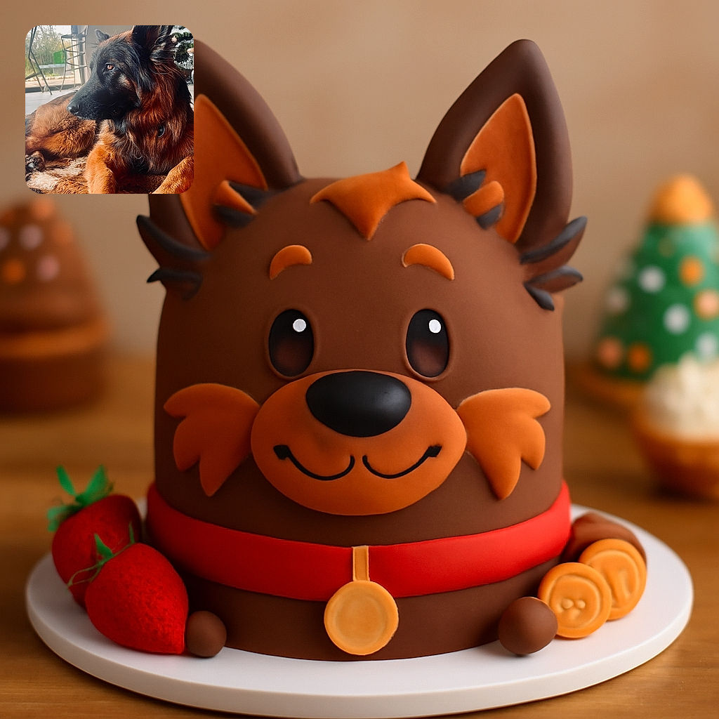 A majestic German Shepherd lounges comfortably on a cozy textured rug inside a warmly lit room, with a decorated Christmas tree and a large window letting in natural light in the background.