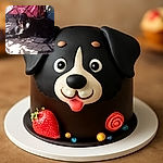 A happy black and white dog is lounging on a stone patio, tongue out and looking content, with a red foldable cart labeled 'Antifir' in the background and dappled sunlight creating playful shadows on the ground.