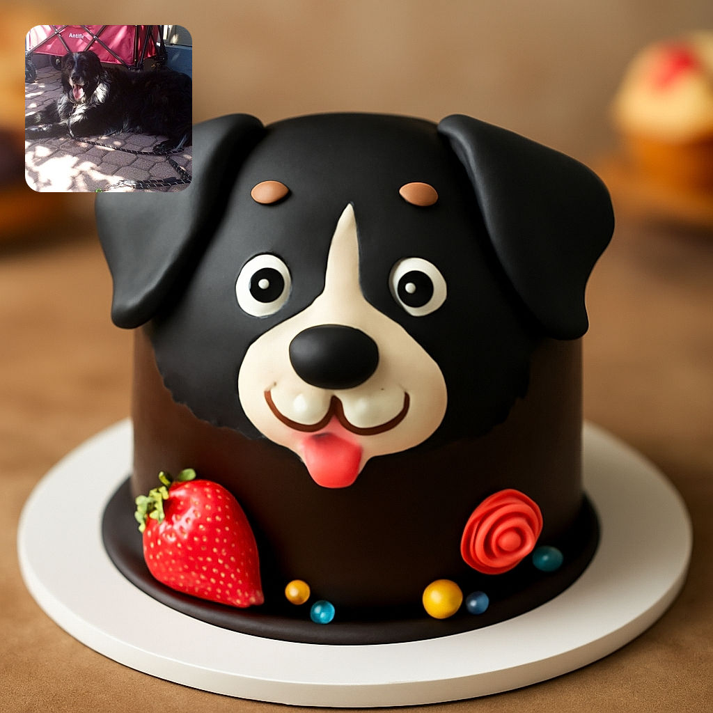 A happy black and white dog is lounging on a stone patio, tongue out and looking content, with a red foldable cart labeled 'Antifir' in the background and dappled sunlight creating playful shadows on the ground.