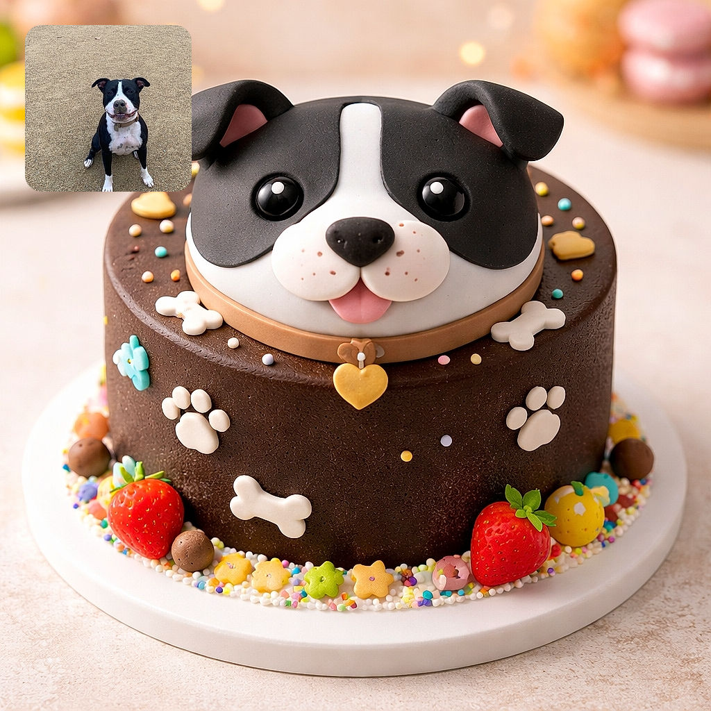 A sandy-nosed black-and-white dog sits center-frame on a wide stretch of beach, grinning with a sand-speckled snout and eager eyes — clearly proud of whatever prehistoric treasure it just dug up. The empty sandy background makes this pup the undeniable star of the show.