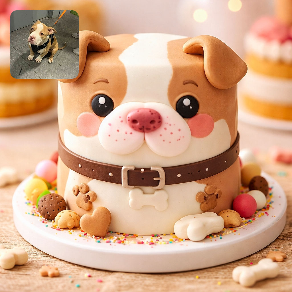 A squishy-faced pitbull puppy sits on a tiled floor wearing a black harness and an orange leash, giving a guilty-but-adorable side-eye like it knows exactly how cute it is.