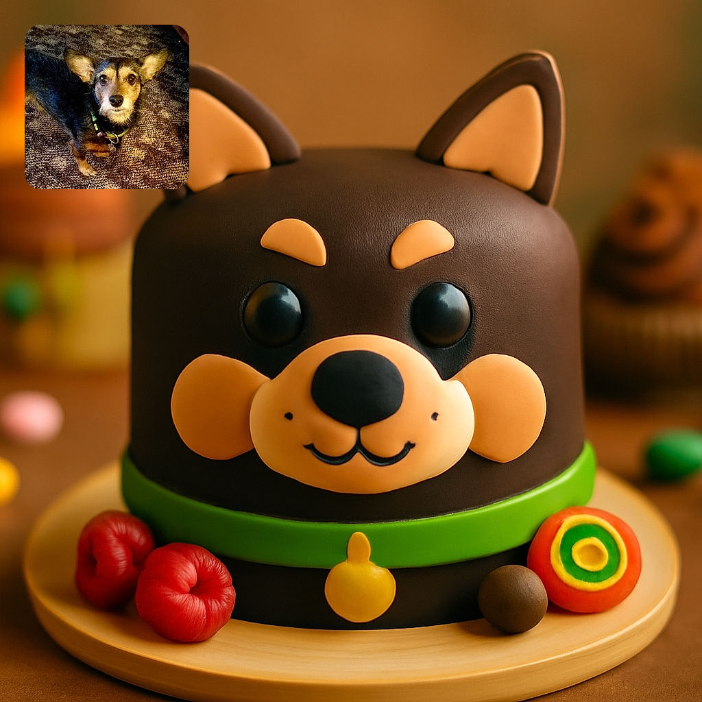 A curious small dog with large ears and expressive eyes looks up with a hopeful gaze while standing on a textured brown carpet, wearing a green collar with tags.