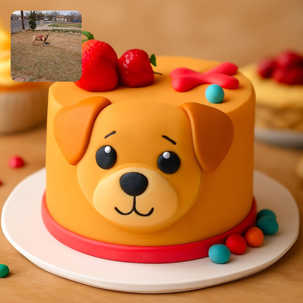 A sturdy dog sporting a red harness stands alert in a fenced backyard with dry grass, eyeing the camera with curiosity. The setting includes a chain-link fence, a street sign, and a suburban neighborhood in the background under an overcast sky.