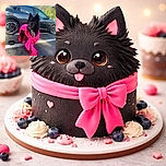 A majestic black dog with striking heterochromia is draped in a vibrant hot pink fabric, sitting on an asphalt parking lot next to a sleek black car. The dog's intense gaze and the bright fabric create a dramatic contrast against the clear blue sky and green trees in the background, while a bowl of dog food sits nearby.