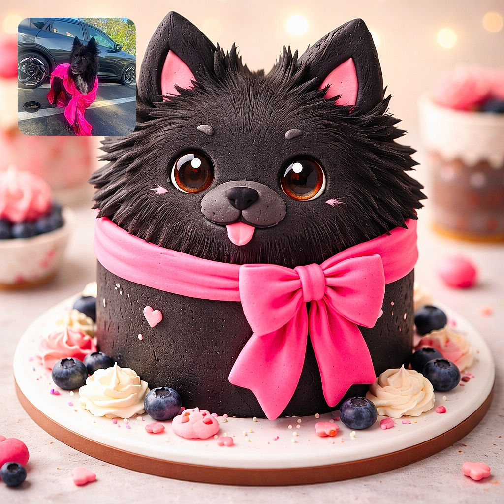 A majestic black dog with striking heterochromia is draped in a vibrant hot pink fabric, sitting on an asphalt parking lot next to a sleek black car. The dog's intense gaze and the bright fabric create a dramatic contrast against the clear blue sky and green trees in the background, while a bowl of dog food sits nearby.