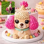 A cheerful poodle with vibrant pink-dyed ears, paws, tail tip, and a spot on its back stands happily on lush green grass, looking up with a joyful expression and a leash attached, ready for a fun walk.