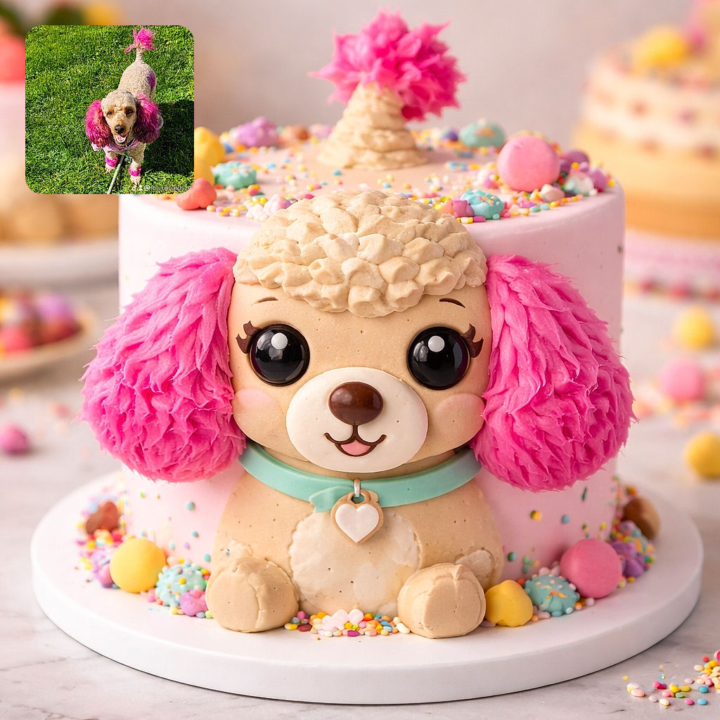 A cheerful poodle with vibrant pink-dyed ears, paws, tail tip, and a spot on its back stands happily on lush green grass, looking up with a joyful expression and a leash attached, ready for a fun walk.