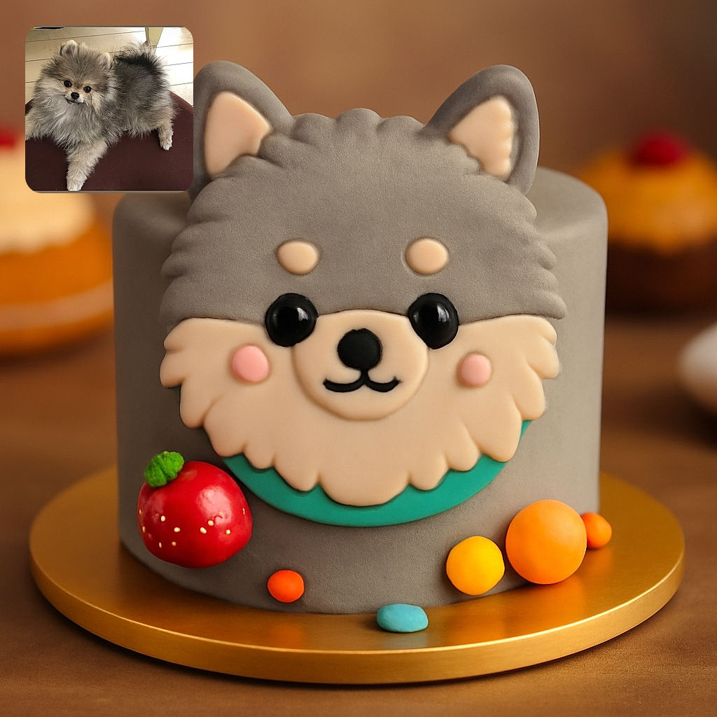 A fluffy Pomeranian puppy lounges on a round brown cushion, looking directly at the camera with big, curious eyes. The light wooden floor in the background adds a cozy indoor vibe to this adorable scene.