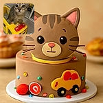 A curious kitten with big round eyes stands atop a bright yellow toy bus, looking up with an innocent and slightly puzzled expression. The background is softly blurred, highlighting the adorable feline, while a playful text overlay mentions a coloring book page based on this picture of Posey.