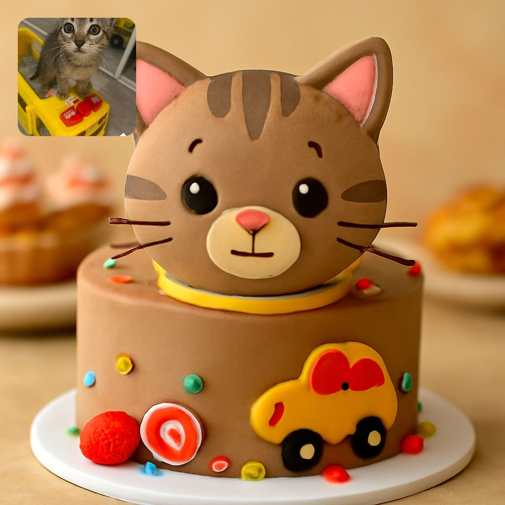 A curious kitten with big round eyes stands atop a bright yellow toy bus, looking up with an innocent and slightly puzzled expression. The background is softly blurred, highlighting the adorable feline, while a playful text overlay mentions a coloring book page based on this picture of Posey.