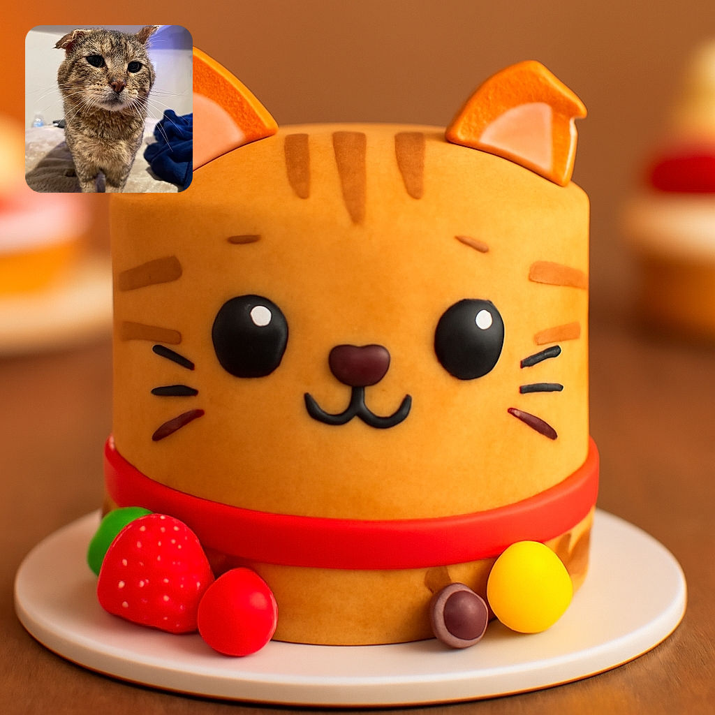 A close-up photo of a curious tabby cat with folded ears standing on a soft beige surface. The cat's whiskers are prominently visible, and the background shows a blue blanket and some household items out of focus, giving a cozy indoor vibe.