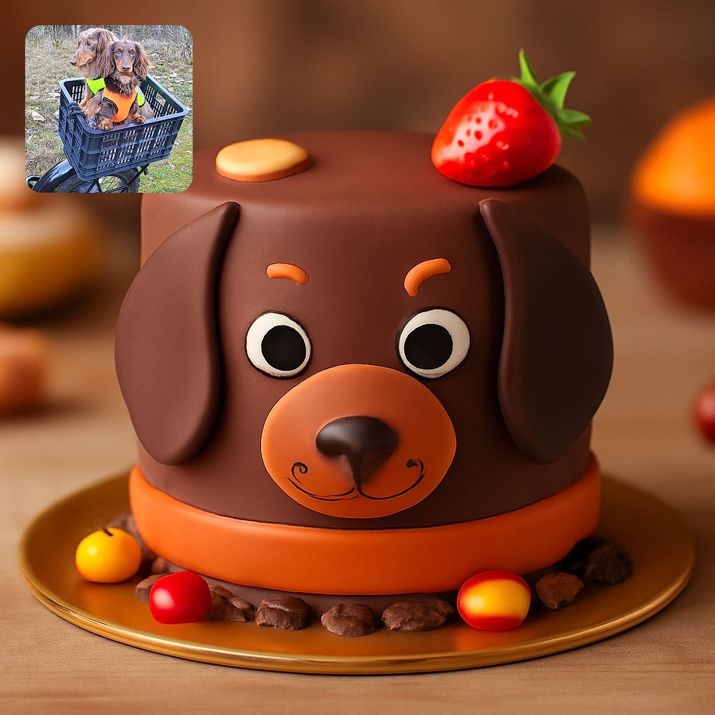 Two adorable dachshunds wearing bright safety vests are sitting snugly in a black plastic crate mounted on the back of a bike, ready for an outdoor adventure in the forest.