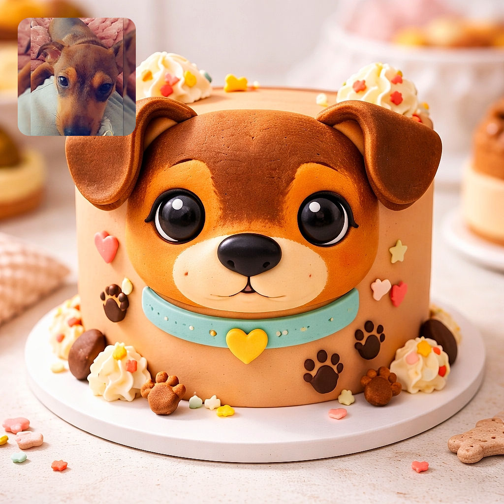 A pleading puppy close-up sprawled on a fluffy pink blanket, eyes full of mischief and a big wet nose begging for snacks — complete with a gold "love" sticker because obviously this pup is a heart thief.