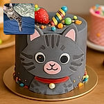 A curious tabby kitten lounges on a rumpled blue bedspread, one paw stretched out like it's reaching for a secret only it knows, surrounded by a cozy green and white leafy blanket.