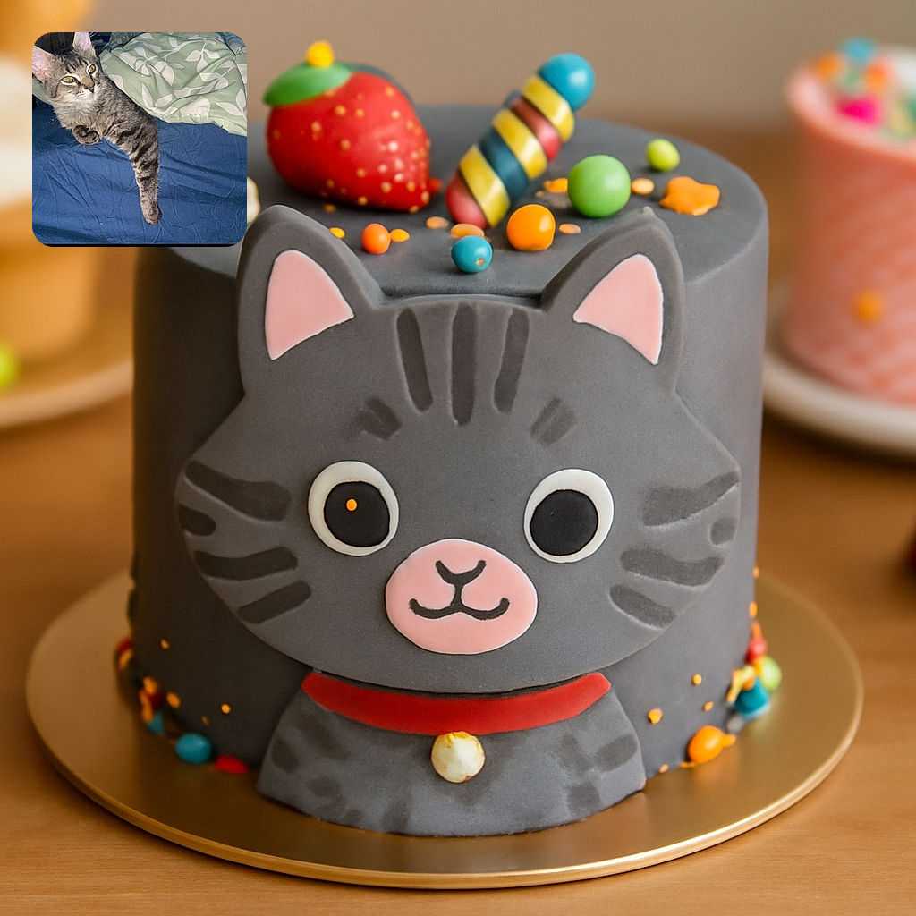 A curious tabby kitten lounges on a rumpled blue bedspread, one paw stretched out like it's reaching for a secret only it knows, surrounded by a cozy green and white leafy blanket.