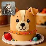A cute puppy is lying on a textured carpet, intently sniffing or chewing on a small bright green object, possibly a toy or treat. The soft focus background and natural lighting create a cozy indoor atmosphere.