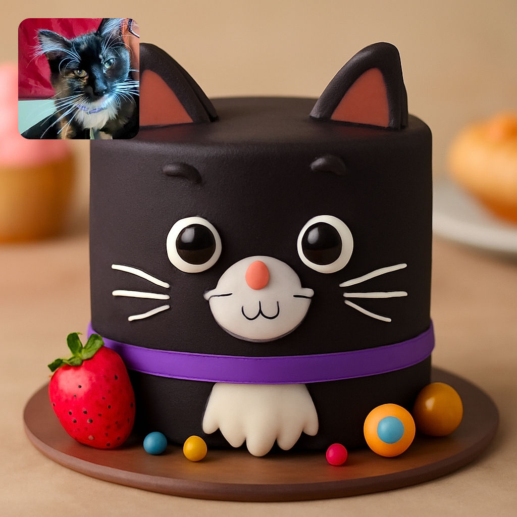 A close-up shot of a black and white cat with striking long whiskers and a purple collar, partially obscuring a person's face with glasses in the background, set against a red backdrop.