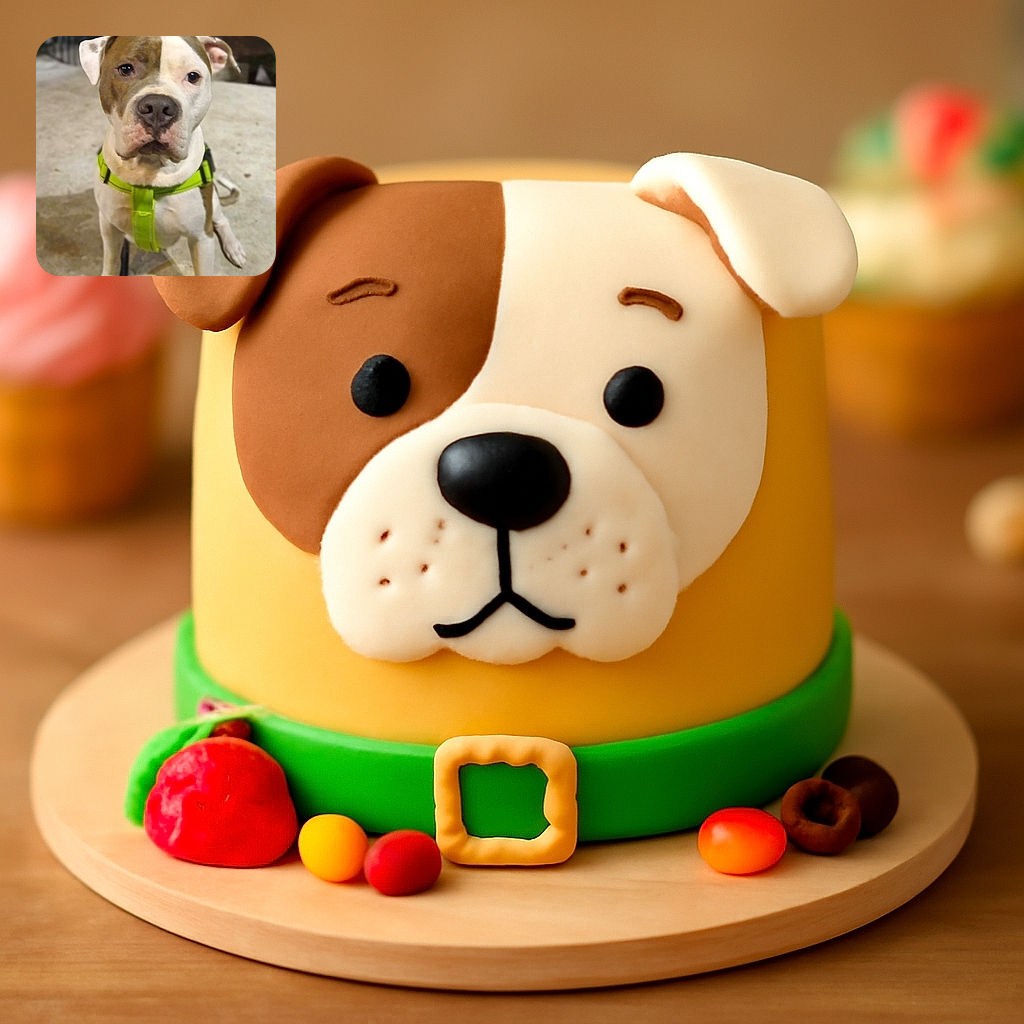 A charming dog with a green harness sits attentively on a concrete surface, its expressive eyes looking straight at the camera, with a softly blurred background hinting at an outdoor setting.