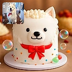 A fluffy white dog with a festive red bow sits happily in a cozy indoor hallway, surrounded by whimsical floating bubbles that add a magical and playful atmosphere to the scene.