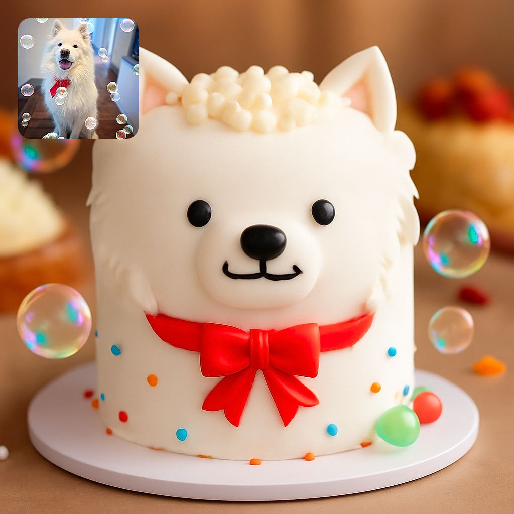 A fluffy white dog with a festive red bow sits happily in a cozy indoor hallway, surrounded by whimsical floating bubbles that add a magical and playful atmosphere to the scene.