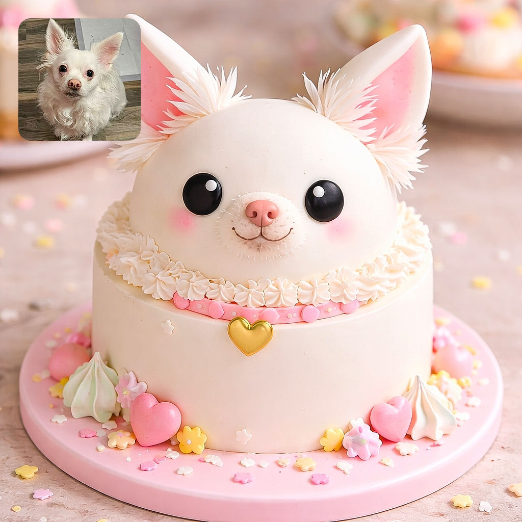 A fluffy white chihuahua stares up with huge, soulful eyes and perky ears — looks like a tiny cotton ball that just realized the treat jar exists. The dog sits on a wood floor next to a training pad, fur tousled and full of personality, giving an earnest 'please?' expression to the camera.