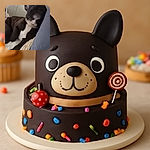 A blurry close-up of a black and white dog lying down with its head resting on a blue pillow, looking relaxed but pixelated in parts, with a patterned wall in the background.