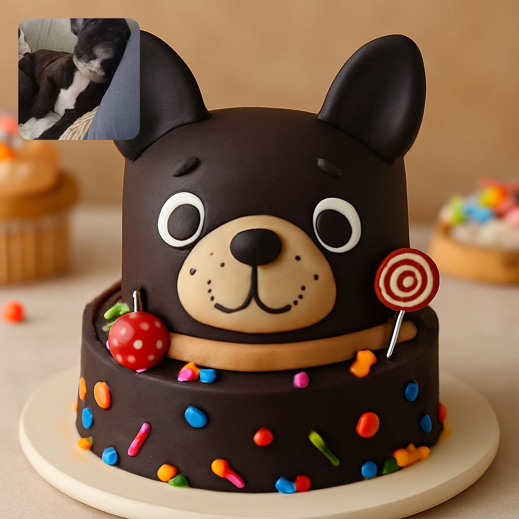 A blurry close-up of a black and white dog lying down with its head resting on a blue pillow, looking relaxed but pixelated in parts, with a patterned wall in the background.