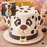 A spotted Dalmatian leans dramatically into the camera, presenting an enormous pink nose and wide-eyed expression like a furry detective investigating the lens. The dog sits proudly on a blue blanket with a couch behind it, looking ready to sniff out every household secret.