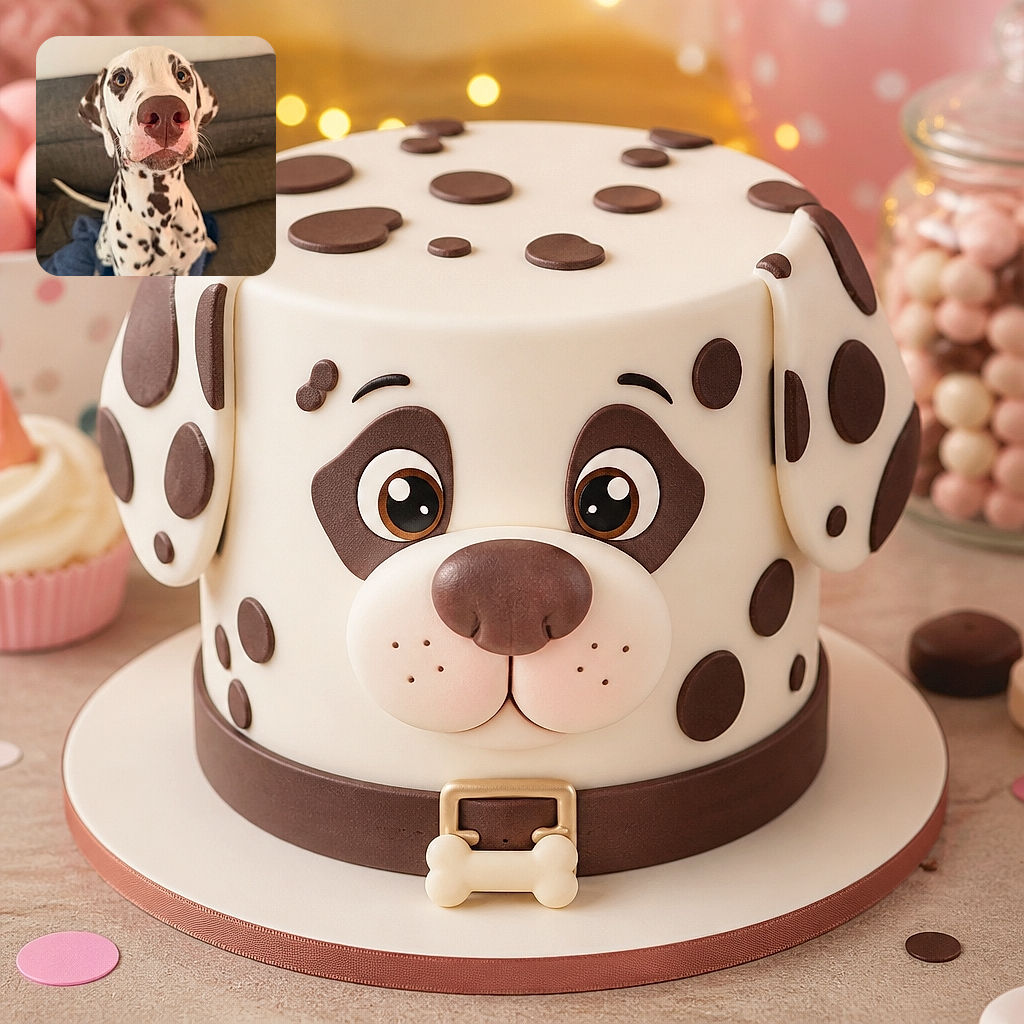 A spotted Dalmatian leans dramatically into the camera, presenting an enormous pink nose and wide-eyed expression like a furry detective investigating the lens. The dog sits proudly on a blue blanket with a couch behind it, looking ready to sniff out every household secret.