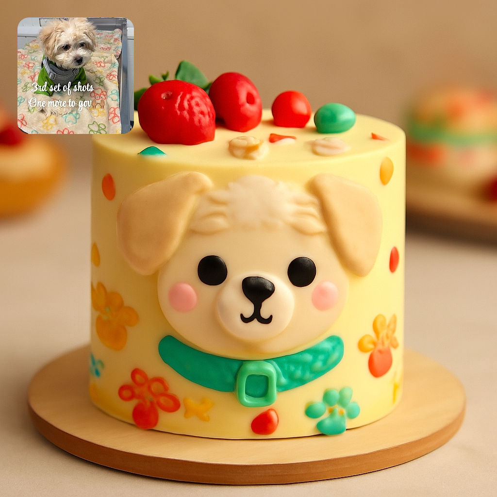 A fluffy cream-colored puppy wearing a green sweater and gray harness sits on a colorful paw-print blanket atop a metal veterinary exam table, looking a bit nervous but adorable. The text overlay humorously notes it's the "3rd set of shots" with "One more to go" and celebratory hand emojis, capturing the brave little patient's vaccination journey.