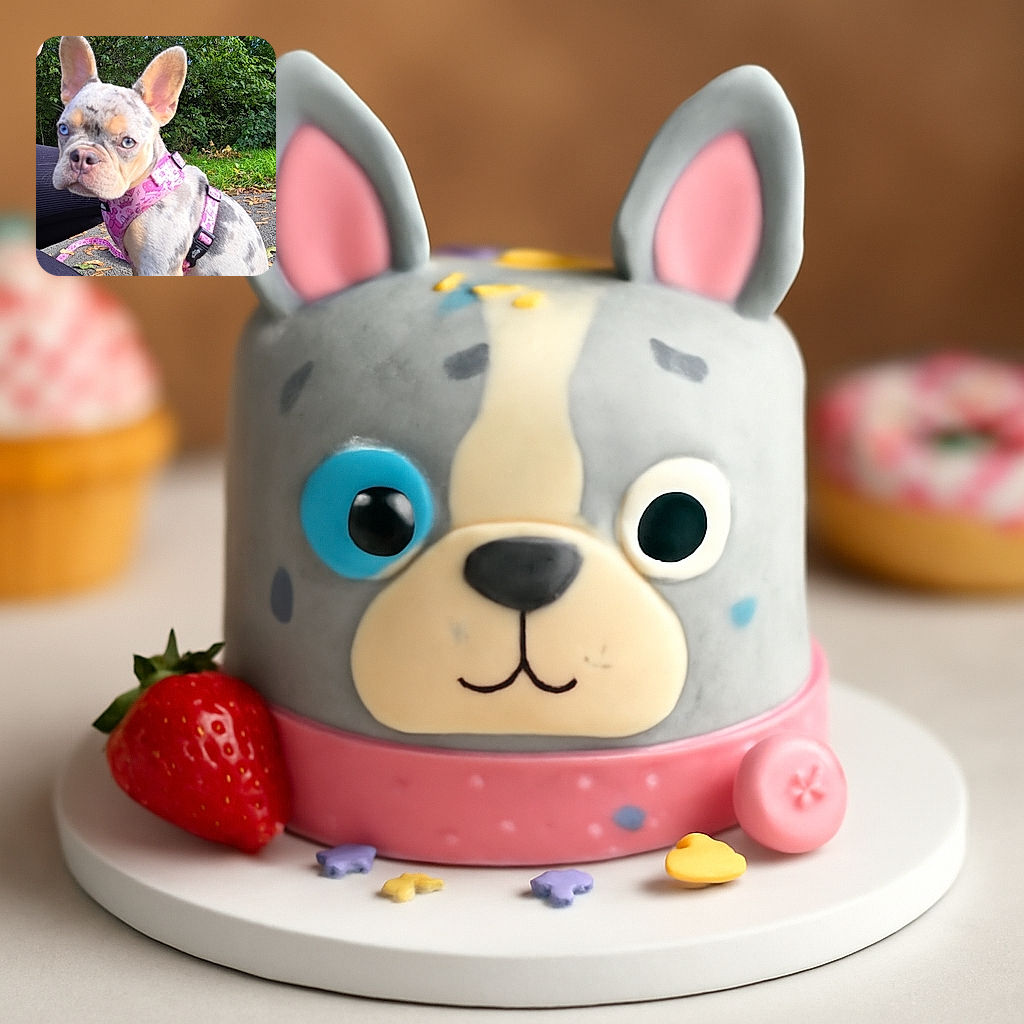 A close-up photo of a cute French Bulldog puppy with a pink harness sitting on a paved path next to a person wearing black pants. The background is lush green foliage, and the puppy looks curious with one blue eye and one greenish eye.