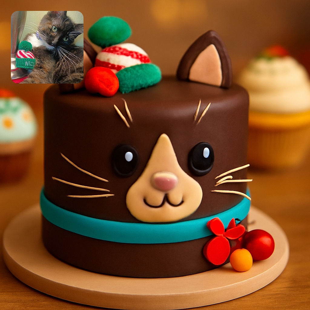 A close-up photo of a curious cat with striking green eyes, lying down next to a shiny lamp and a tiny festive knit hat with the word 'NICE' on it. The cat's whiskers are prominent and its fur looks soft, creating an intimate and cozy vibe.