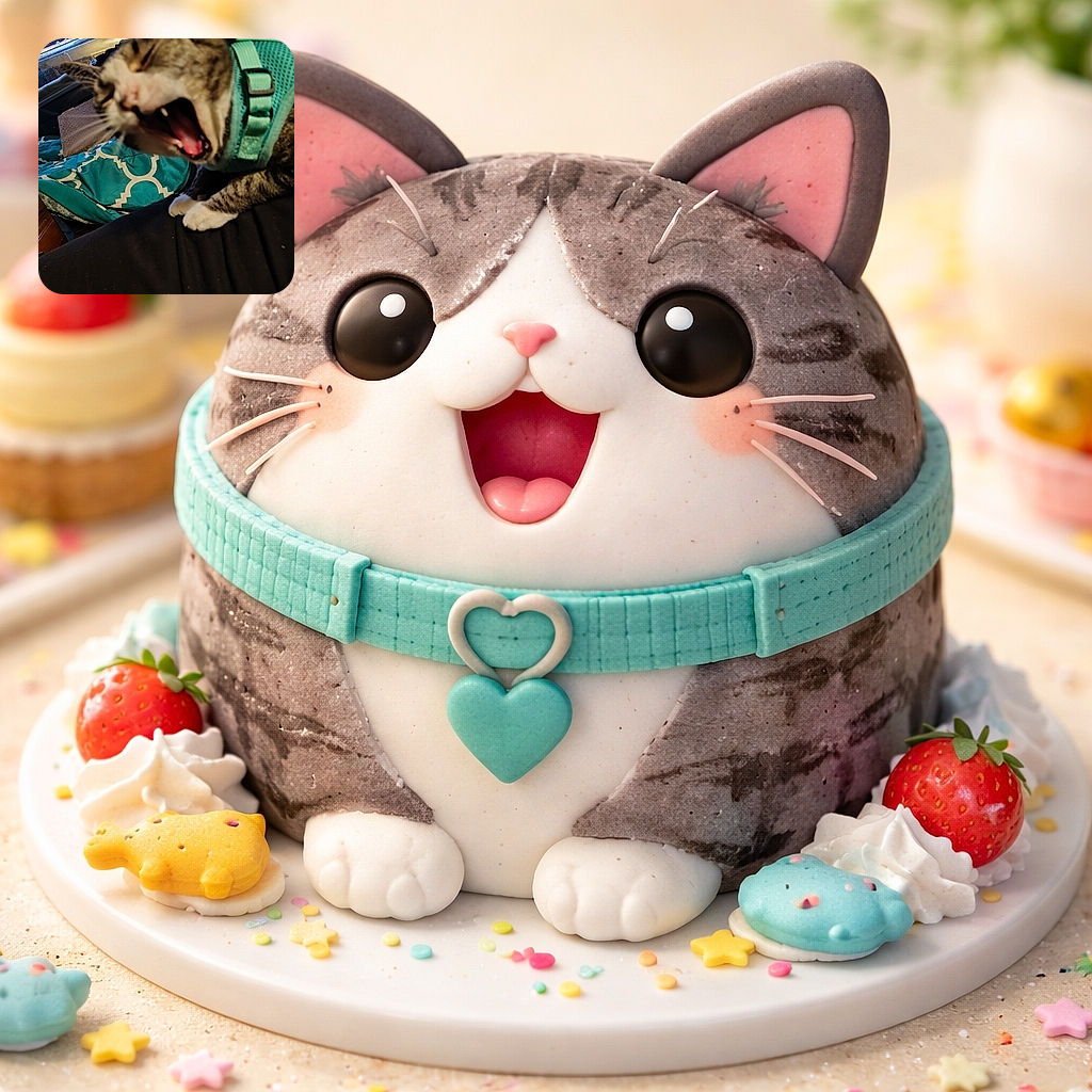 A startled tabby mid-yawn (or mid-opera), caught in dramatic close-up wearing a teal harness — teeth, tongue and whiskers stealing the show while the bedroom chaos and a stuffed animal lounge in the background.