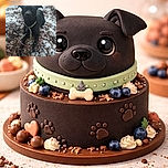 A sleek black dog lies attentively on a snowy and leafy ground, wearing a collar and looking directly at the camera with curious eyes. The background is softly blurred, highlighting the dog's glossy coat and the wintry scene.