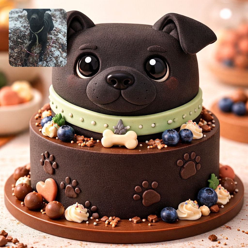 A sleek black dog lies attentively on a snowy and leafy ground, wearing a collar and looking directly at the camera with curious eyes. The background is softly blurred, highlighting the dog's glossy coat and the wintry scene.