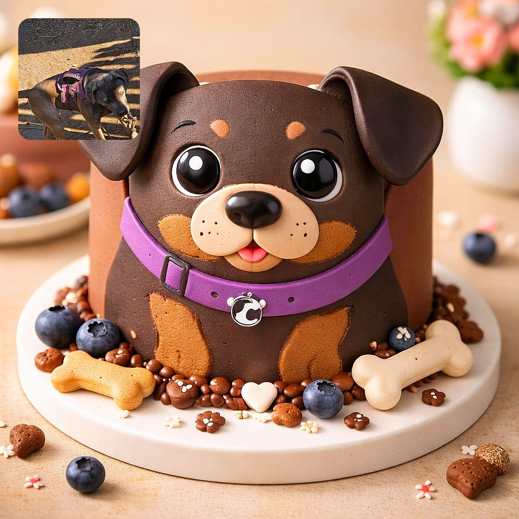 A determined dog wearing a purple harness is playfully tugging on a rope outdoors, casting interesting shadows on the dirt ground as it puts all its energy into the game.