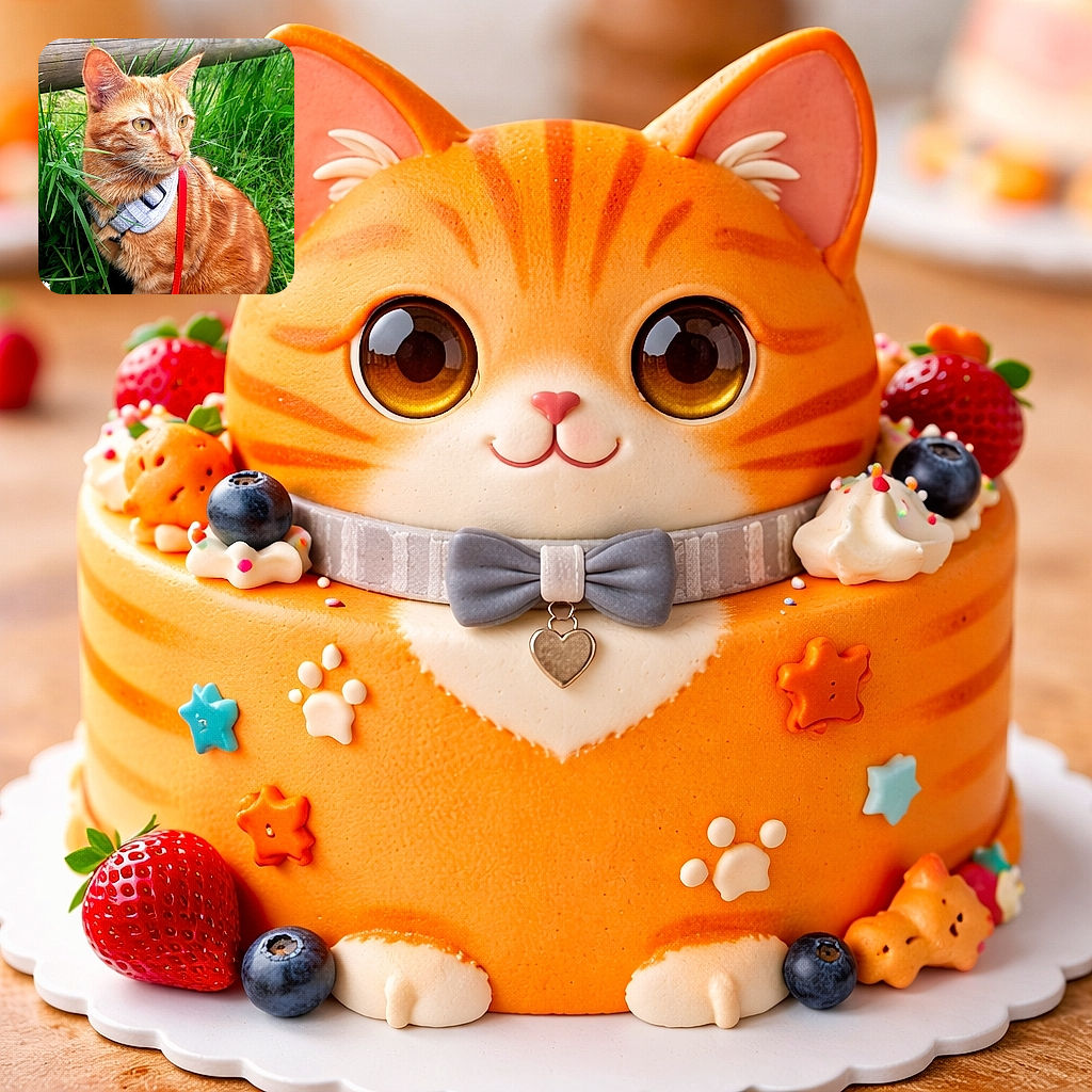 A striking orange tabby cat sits attentively in lush green grass, wearing a harness with a red leash attached. The background features a rustic wooden fence and blurred greenery, highlighting the cat's focused gaze and detailed fur pattern.