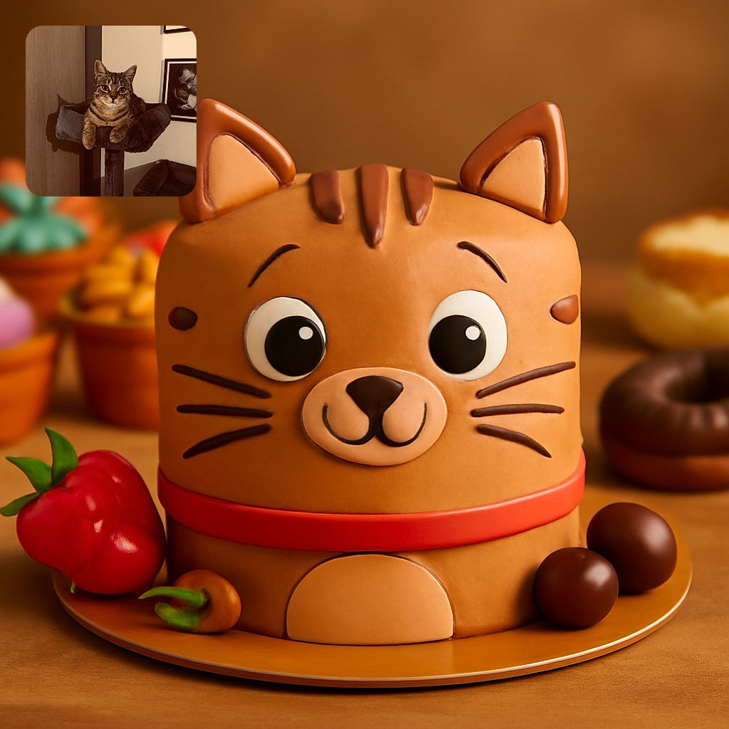 A curious tabby cat lounges regally on a plush cat tree perch, gazing directly at the camera with wide, expressive eyes. The cozy indoor setting includes framed family photos on the wall, adding a warm, homely touch to the scene.