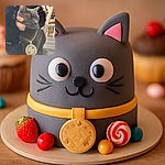 A sleek gray cat is sporting a flashy oversized dollar sign chain necklace while being gently held by a person dressed in black. The background shows a chair and a tapestry with artistic sun and moon faces, adding a quirky vibe to the indoor scene.